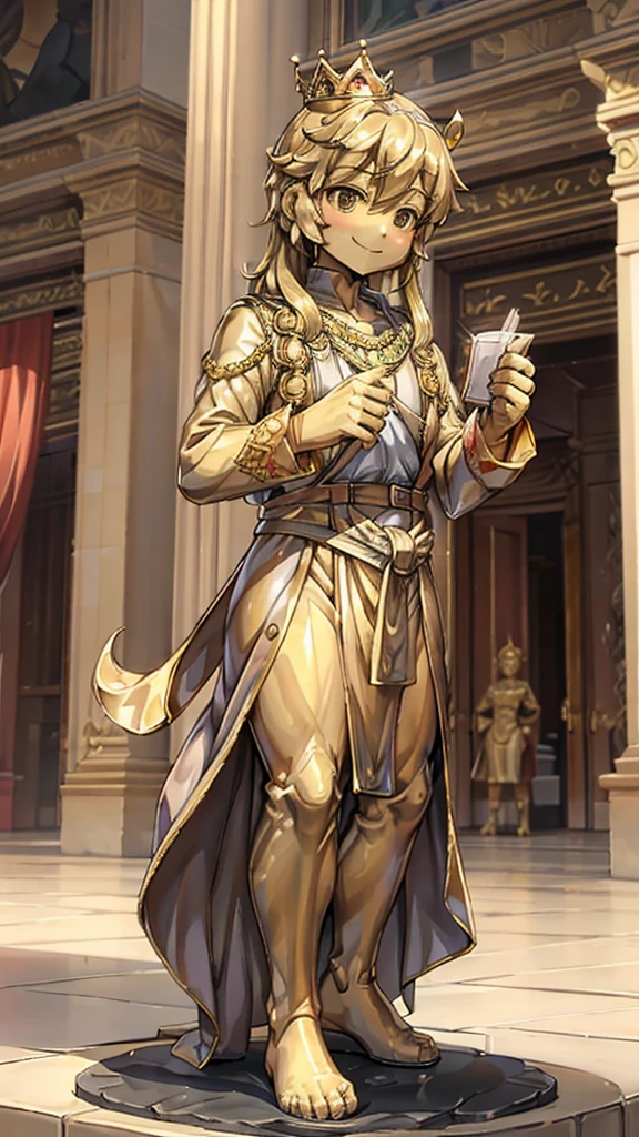 王子的Gold statue,Prince style,Prince costume,宫廷Dress,Gold statue,男孩的Gold statue,带着黄金冠冕的Gold statue,脚边停着一只燕子的Gold statue,Golden Boy Statue,Gold statue,Long hair,Dress,Dress,西式宫廷男士Dress,Cute boy,British style,Victorian style,crown,crown,Golden Boy Sculpture,Golden Boy Statue,Gold statue,Gold statue,Giant golden statue,Giant golden statue,Outdoor Background,Smiling statue,
