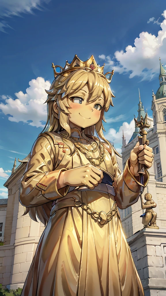 王子的Gold statue，Prince style，Prince costume，宫廷Dress，Gold statue，男孩的Gold statue，带着黄金冠冕的Gold statue，脚边停着一只燕子的Gold statue，Golden Boy Statue，Gold statue，Long hair，Dress，Dress，西式宫廷男士Dress，Cute boy，British style，Victorian style，crown，crown，Golden Boy Sculpture，Golden Boy Statue，Gold statue，Gold statue，Giant golden statue，Giant golden statue，Outdoor Background，Smiling statue，