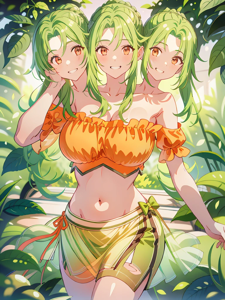 (masterpiece, best quality), best resolution, (3heads:1.5), 1girl, green hair, long flowing hair, smiling, grinning, open belly, white-orange crop top, orange-white miniskirt, open breasts, huge tits, curls, sexy pose, ponytail, 
