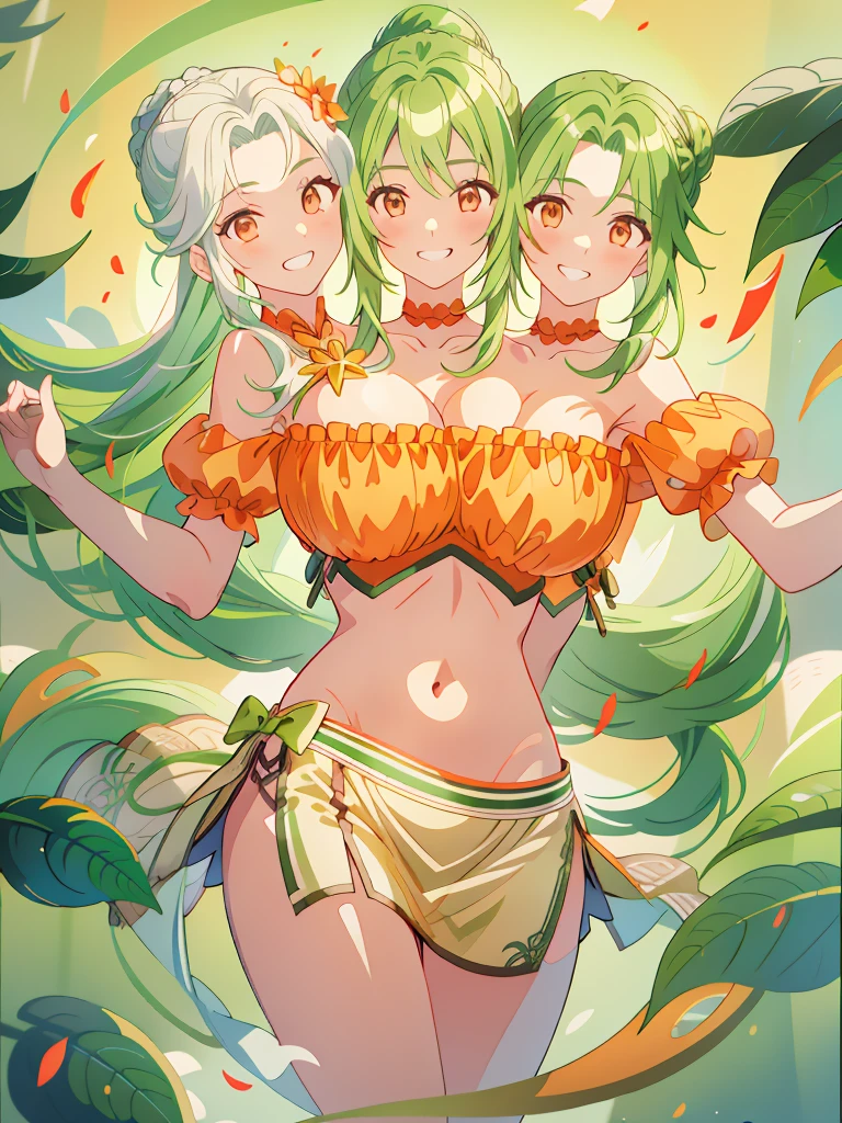 (masterpiece, best quality), best resolution, (3heads:1.5), 1girl, green hair, long flowing hair, smiling, grinning, open belly, white-orange crop top, orange-white miniskirt, open breasts, huge tits, curls, sexy pose, ponytail, 
