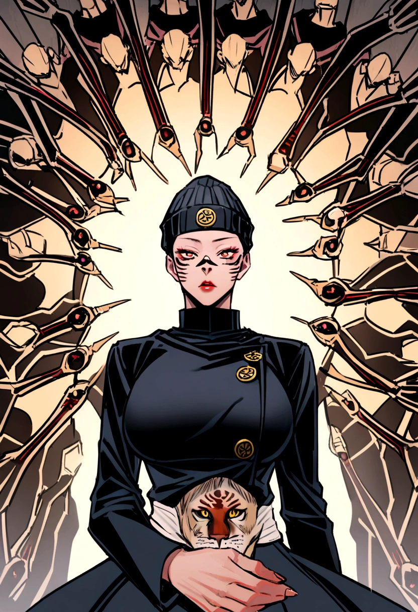 ryomen sukuna from jujutsu kaisen with black beanie doing domain expansion and women around
