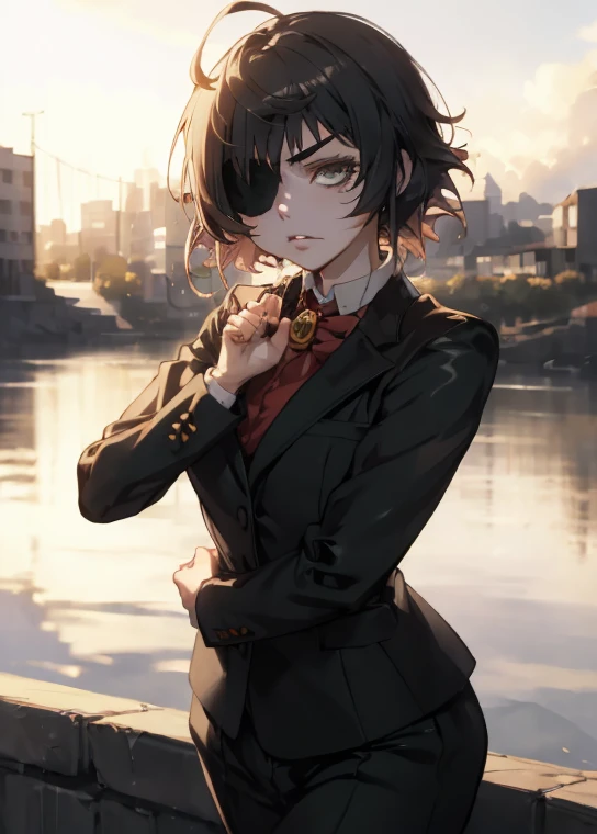 dynamic pose, himeno,short hair,eyepatch,formal,
(best quality, masterpiece, RAW photo,ultra-detailed:1.2), 1girl,solo,