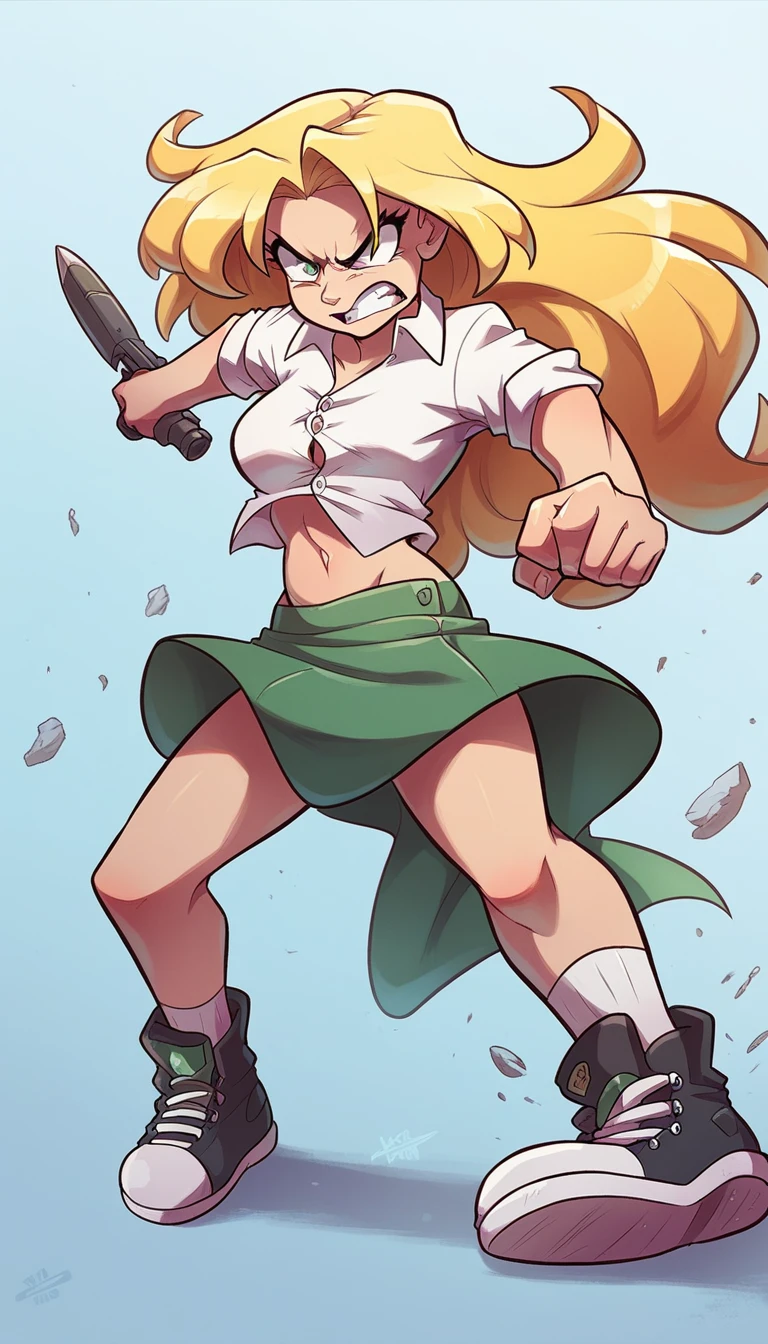 A tall girl, beautiful, angry, upset, face, angry, serious, long wavy yellow hair, her green eye, she wears a white shirt, button, tied knot, shows her navel, sexy curve, and her green skirt, wearing black heels, sneakers, fight, combat.