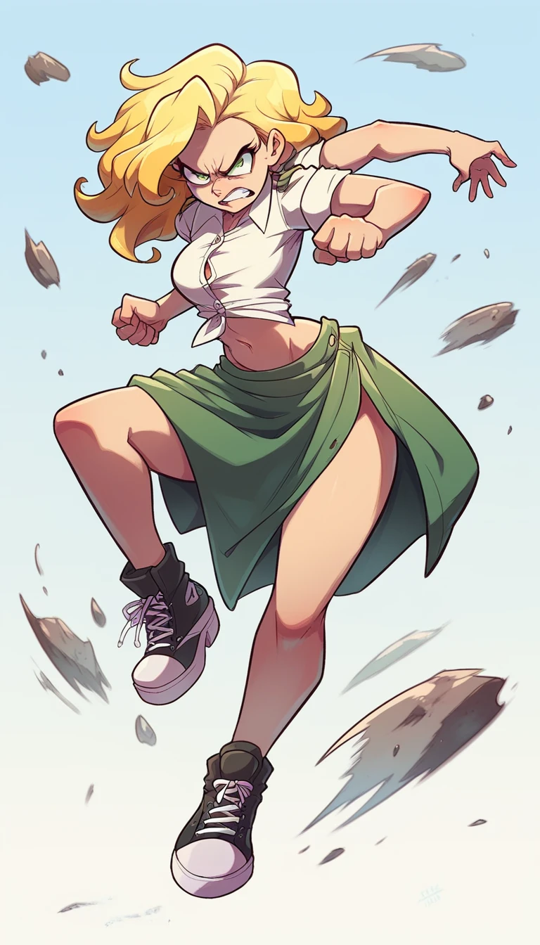 A tall girl, beautiful, angry, upset, face, angry, serious, long wavy yellow hair, her green eye, she wears a white shirt, button, tied knot, shows her navel, sexy curve, and her green skirt, wearing black heels, sneakers, fight, combat.
