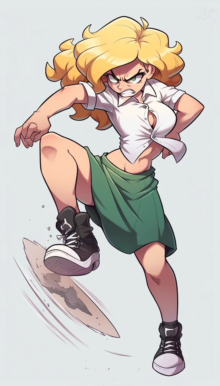 A tall girl, beautiful, angry, upset, face, angry, serious, long wavy yellow hair, her green eye, she wears a white shirt, button, tied knot, shows her navel, sexy curve, and her green skirt, wearing black heels, sneakers, fight, combat.