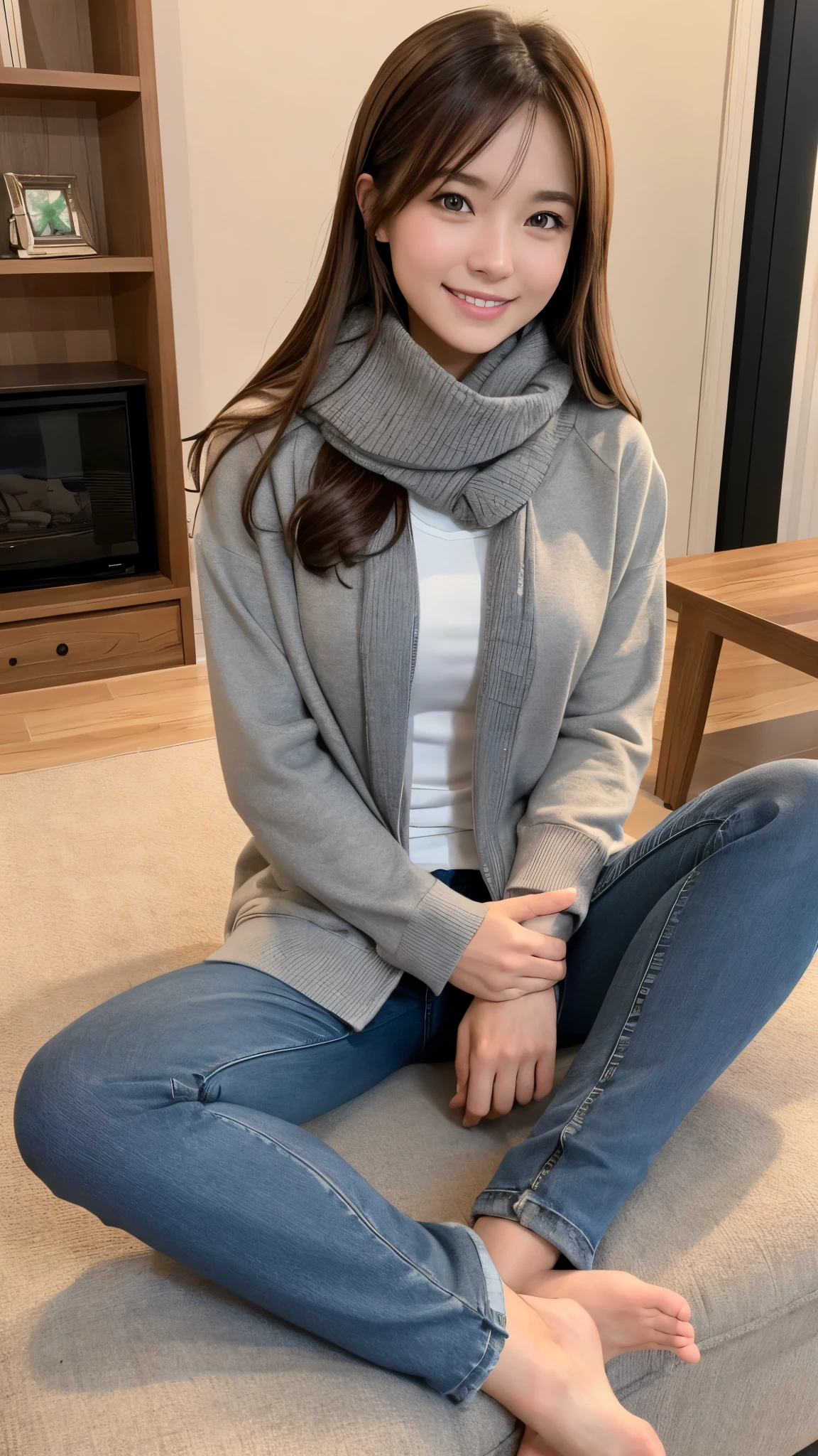Bell, anime, Brown Hair, Medium chest, Brown eyes, A light smile, jeans, scarf, Grey sweatshirt, Blue pants, Sitting, Sitting cross-legged, Inside the smart home, Sitting on the couch, Shino Asada's Face, anime Sword Art Online, Highest quality