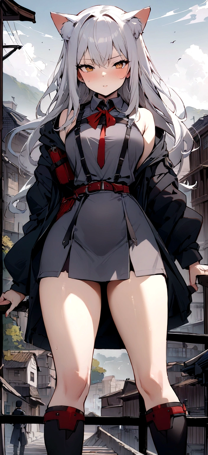 (masterpiece, best quality:1.2), 1girl, 独奏,secret police、Spy、battlefield、Cat ear、Valley、Arm-worn hoodie