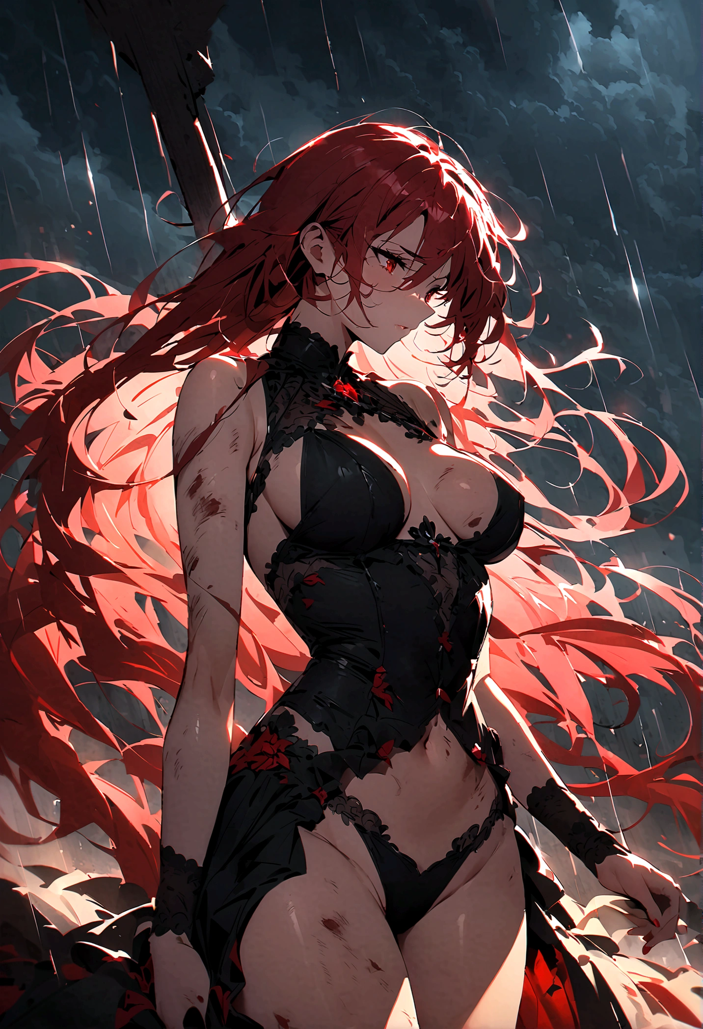 (only one person),Dark sky,heavy rain,Red lightning,dark clouds,(Battle damage机甲,Battle damage),Flowing hair,Sexy women