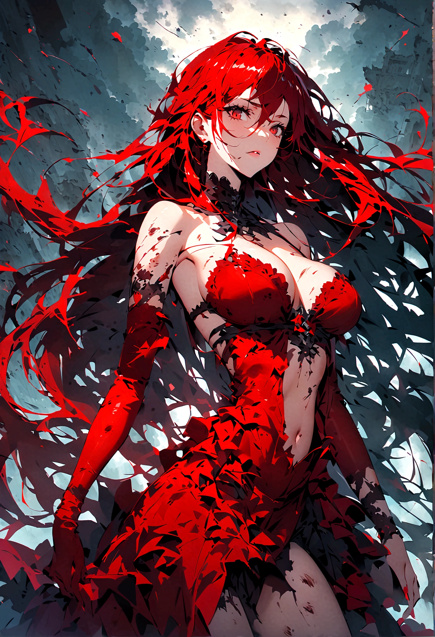 (only one person),Dark sky,heavy rain,Red lightning,dark clouds,(Battle damage机甲,Battle damage),Flowing hair,Sexy women