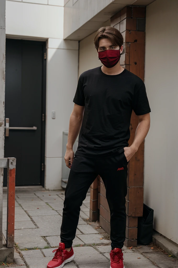 brown haired man wearing a mask, black shirt, red black pants, red shoes, skin minecraft