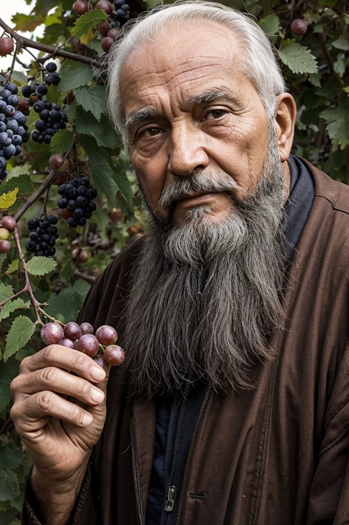 old man 80 years old with big beard holding bunch of grapes near his face