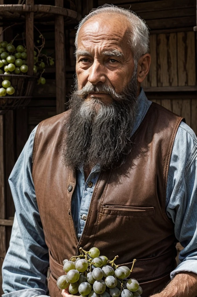 old man 80 years old with big beard holding bunch of grapes near his face