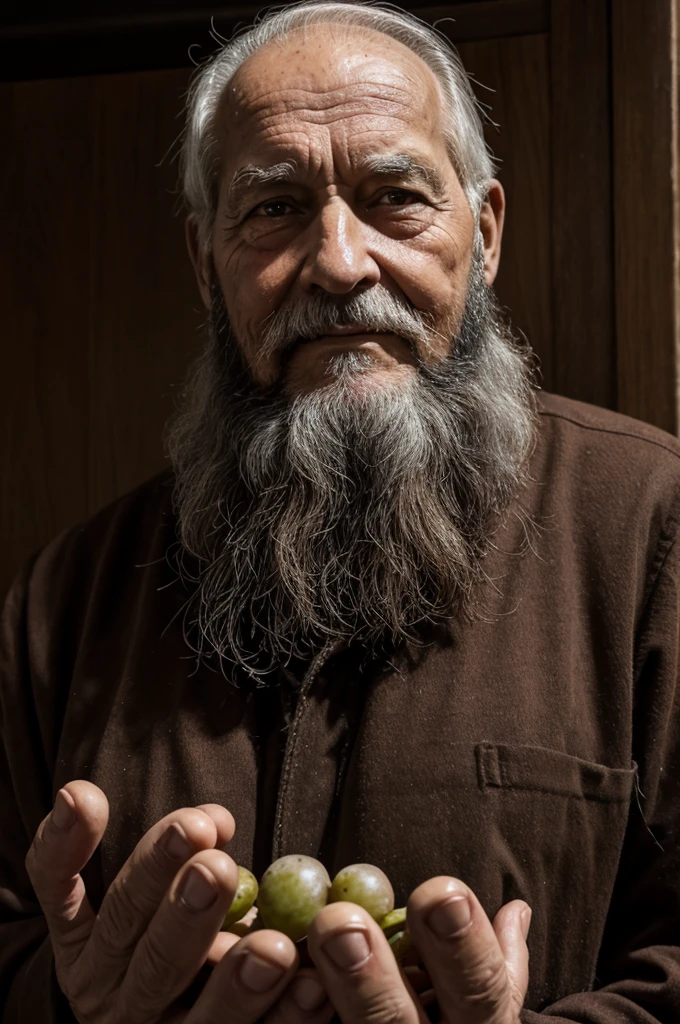 old man 80 years old with big beard holding bunch of grapes near his face