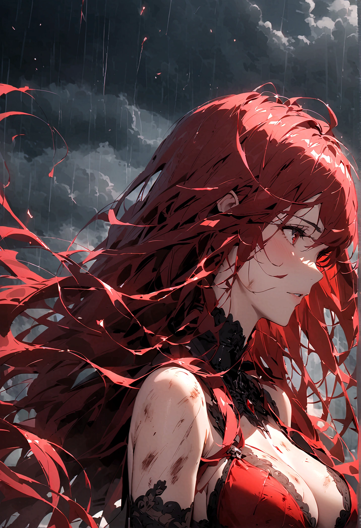 (only one person),Dark sky,heavy rain,Red lightning,dark clouds,(Battle damage机甲,Battle damage),Flowing hair,Sexy women