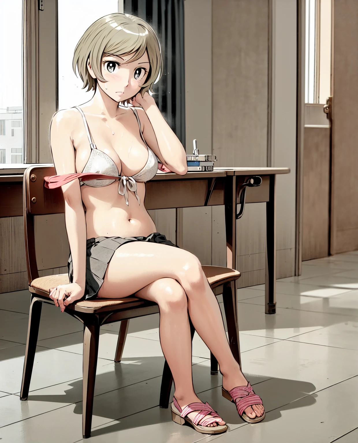 、(masterpiece、Highest quality)、Highest quality, Ultra-high resolution, (((masterpiece))), alone, Sweat、Big eyes, Composition from the front、Shortcuts、Embarrassed face、Blonde Hair、Cut your hair short、School classroom、skirt、short hair、Browsing Caution、Upper body naked、Breasts exposed、Nipples、Large areola、Sitting in a chair without a backrest、Internal Medicine Examination、Woman showing her body、belly button、真Composition from the front、School Insurance Office、curtain、cubicle、window、door、Fluorescent lamp