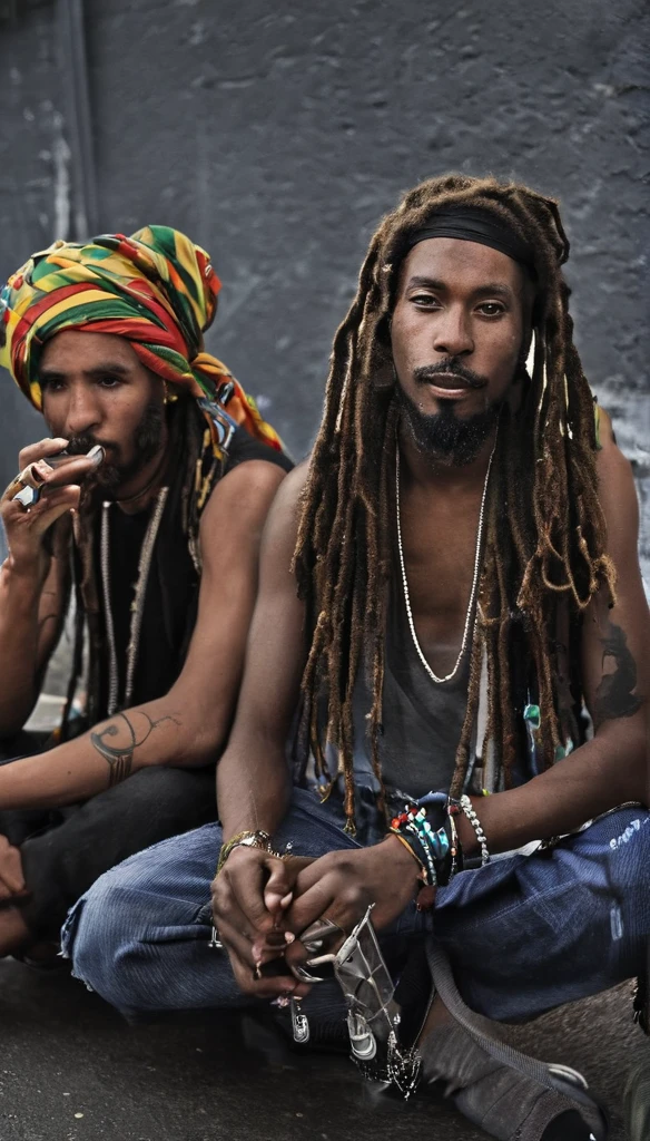 Three Jamaican Reggae band members are relaxing outside of a concert hall, having a break time near a parking lot. Drinking and smoking. Rasta style. Dreadlocks. Bandana. Black and white with natural lighting.