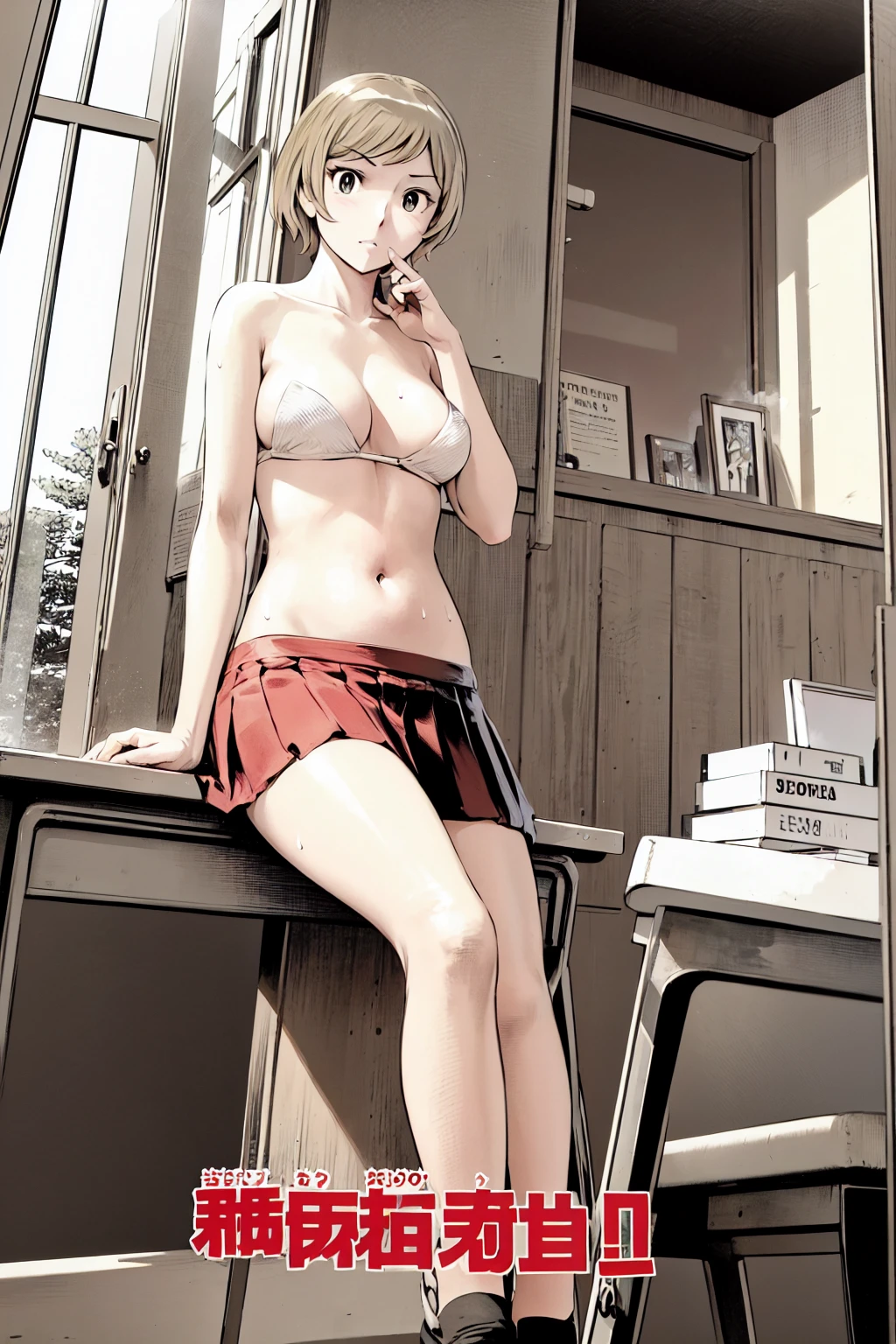 、(masterpiece、Highest quality)、Highest quality, Ultra-high resolution, (((masterpiece))), alone, Sweat、Big eyes, Composition from the front、Shortcuts、Embarrassed face、Blonde Hair、Cut your hair short、School classroom、skirt、short hair、Browsing Caution、Upper body naked、Breasts exposed、Nipples、Large areola、Sitting in a chair without a backrest、Internal Medicine Examination、Woman showing her body、belly button、真Composition from the front、School Insurance Office、curtain、cubicle、window、door、Fluorescent lamp