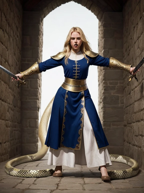 Full body angry woman warrior long blonde hair and white and gold medieval clothes with sword fighting with giant snake