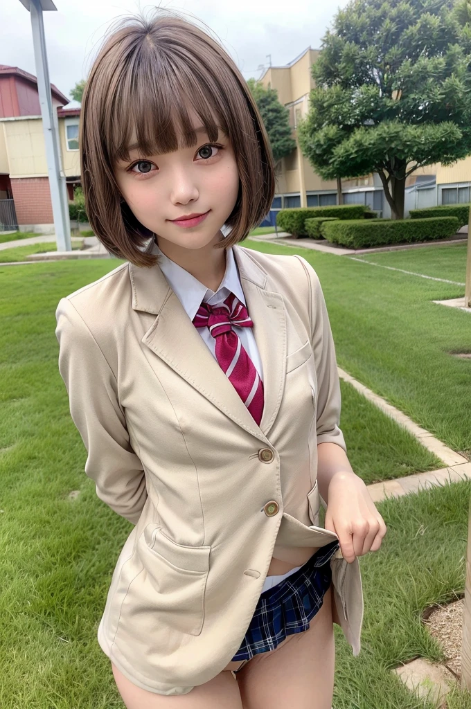 nsfw,、One Woman、((Standing wearing a blazer and miniskirt school uniform))、,((small breasts)),Highest quality、Very delicate and beautiful、((Very short bangs))、((Bangs))、明るいつやのある茶色の髪のHighest quality、Very delicate and beautiful、((Very short bangs))、((blunt bangs))、Light shiny brown hair、The hair is light、((Short Bob))、Cute face、Young face、Cute like an idol、Are thin、Slim figure、slender、Short、 body type、((The background is the elementary school yard.aphed from the front、The best smile、