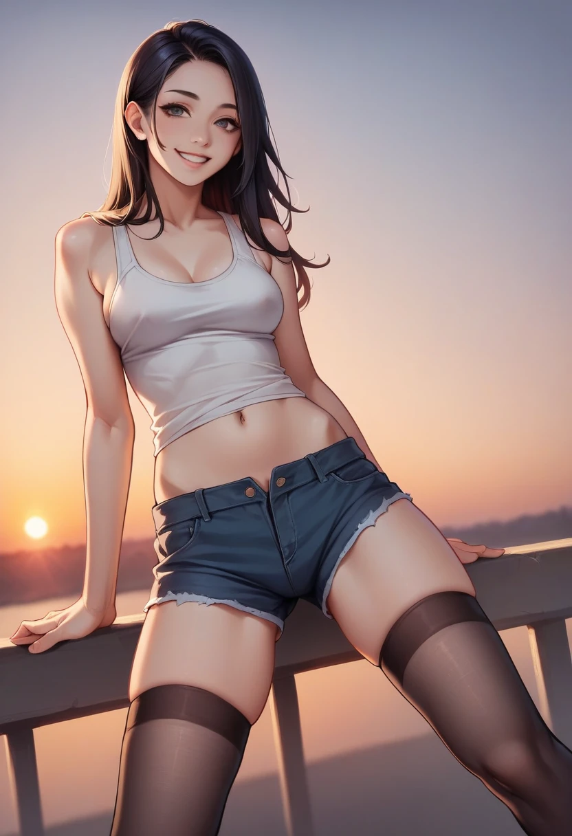 NSFW,One girl, Photo Model, smile, Focus on your audience, Beautiful lighting, Highest quality, masterpiece, Ultra-high resolution, Realistic, Black Hair, Short tank top, Shorts, Long Stockings, Medium chest, White skin,( Sunset background:1.4),Crotch crack