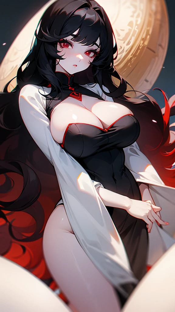 Female gender.
pale complexion.
large eyes, round and long eyelashes.
red eyes.
wide, with bangs, and wavy.
black hair.
Her breasts are gigantic.