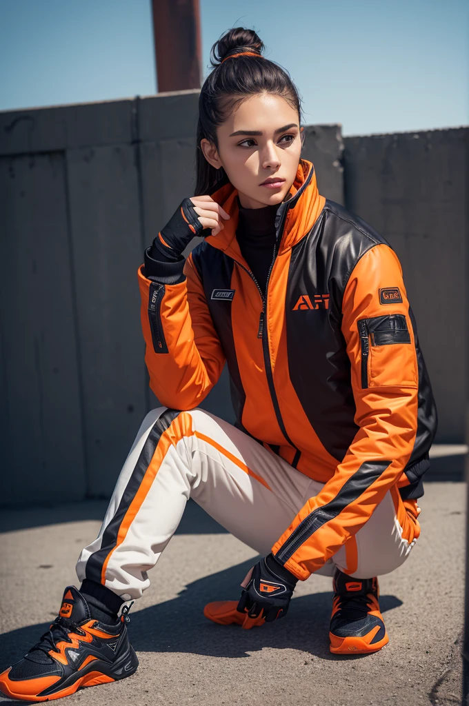 ### Anxious Student Uniform - **colors**: Dark blue and orange.
- **jaket**: Sporty with front zipper.
- **Pants**: Athletic fit with orange bands.
- **detaileds**: Light gloves with orange touches.
- **footwear**: Alta performance.
- **Specials**:
- **Heart rate monitor**.
- **Reinforced protections**