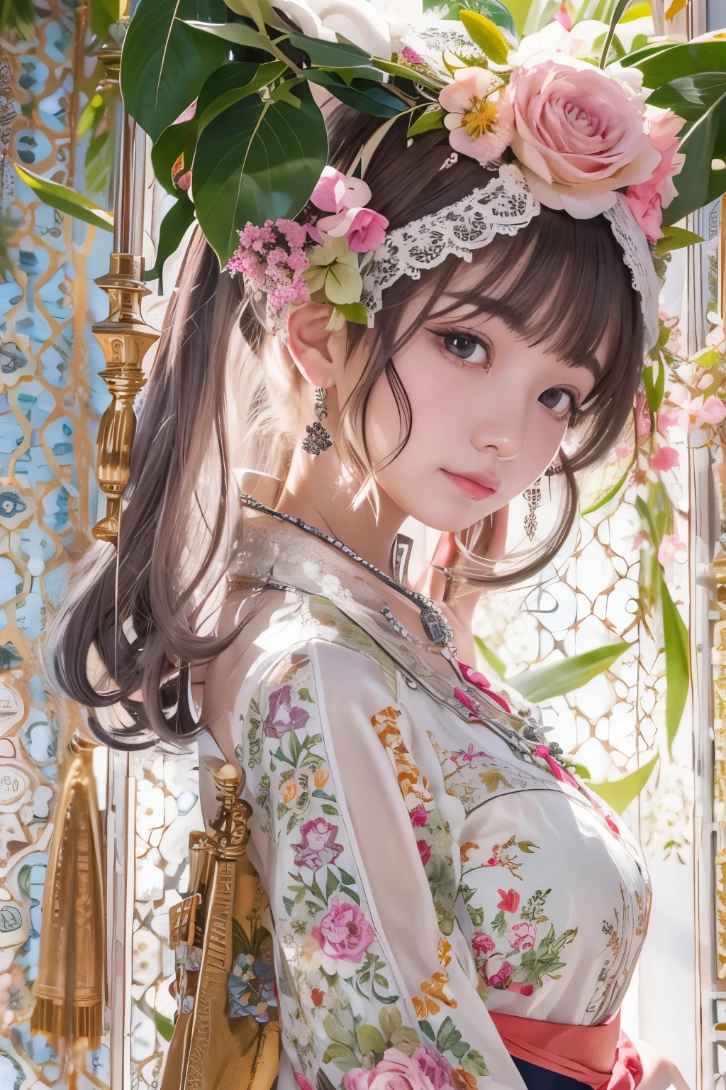 detailed face, cute face,There's a cartoon girl in a dress, China dress, hanbok apron, Chinese Costume, Chinese traditional clothing, Close-up - view, hanbok, wearing ancient Chinese Costume, with ancient Chinese Costume, palace, Girl in Hanfu, White Hanfu, China dress, Kitten with pink flowers, Shadow Room, Light Edge, Two-tone lighting, (Skin with attention to detail: 1.2), 8K Ultra HD, Digital SLR, Soft Light, high quality, Volumetric lighting, Sneak a peek, photograph, High resolution, 4K, 8K, Background blur