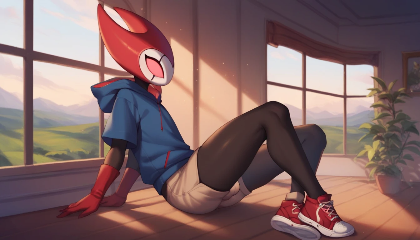 score_9, score_8_up, score_7_up, score_6_up, zPDXL2, grimm \(hollow knight\), vampire, bat, 1boy, solo, cute face, detailed eyes, anthro, clothed, background, near the window, landscape, looking at the viewer, highlight thighs, femboy, curvy body, red sports gloves, sneakers, profile picture, blue hooded sweatshirt, shorts,