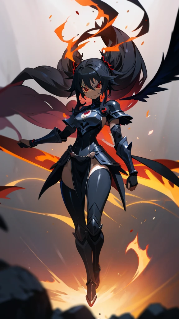 Anime, 1 woman, ethereal aura, huge hairstyle, pit Black Long hair, red eyes, Ebony skin,  pit Black clothes, large buson, Black Breastplate,Black armor,  Black Flames, walking pose, angry face, large Black wings, ethereal aura