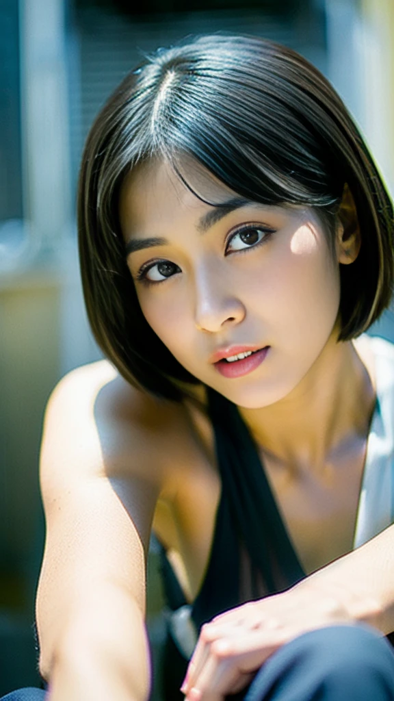 Browsing Caution、Japanese、Face in the 20s、Idol's face、Cute face、Gray business suit、Mini skirt suit, Similar breasts'It's about to burst、Super bursting chest、thin、thin waist、One Girl、8K、Best image qualityUltra high resolution(Photorealistic)、Masterpiece symmetrical high resolution RAW color professional close-up photo 、(High resolution face:1.1)(Cleavage:1.2)、Japanese face、Blurred Background、thinピンク色のリップ、Good lighting、Gal Makeup、Flashy makeup、thin pink lips、Moisturized lips、Heavy makeup、Wavy Hair、Medium Hair、Silver Hair、Silver Hair with asymmetrical bangs、double eyelid、Sunburned skin、Japanese face、Brown Skin、Gal-style long necklace、Gal style bracelet、Gal Accessories、Fancy earrings、Body Piercing、whole body、Laughter、By the pool、Resort、Brown Skin、Black gal、Sexy pose、Naughty pose、Chest Focus、whole bodyエスビアン、Beautiful breasts、Big Breasts