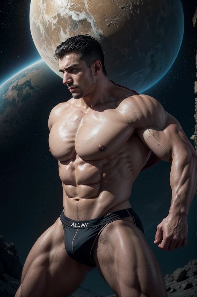 {{Obra maestra, mejor calidad, CG extremadamente detallado, fondo de pantalla de unidad 8k, iluminación cinematográfica, }}, Sony α7, marco ancho, Stronger and athletic Atlas carrying a planet over his shoulders, around that planet there is a letters with stronger and perfectly readable typography that says DEMENTIAL, the letters texture are from pulished steel, the texture of the planet is rocky, Atlas is athletic and fitness.