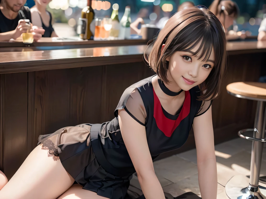 (Highest quality, masterpiece, Ultra-high resolution, 8K, RAW Photos, Realistic, Anatomically correct:1.5), (Stainless steel round bar fence:1.0, Put your elbow on the fence:1.2, 20-year-old girl:1.2, Embarrassing, avert your eyes, blush:1.0, View Viewer, ((bar)) 、Night view、 Light:1.2, Bokeh, Cinema Lighting:1.0, Depth of written boundary, sharp、 Cute face、Idol、Black short sleeve lace top、Black pleated skirt、Black clothing、”dwarf”、(Floral clothes)、Full Body Shot、Side angle、Cowboy Shot、 smile、(Ultra short hair、Short ponytail)、(Straight bangs)、((See-through))、(( One Girl))