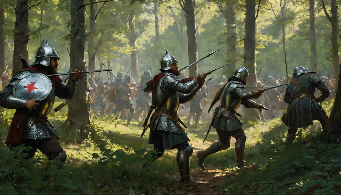 A group of medieval soldiers hiding in a forest carrying out an ambush, close-up. The image shows soldiers dressed in armor and chain mail, with helmets and shields decorated with emblems. They are crouched and hidden among the trees and dense vegetation, carefully observing their target. Sunlight filters through the foliage, creating shadows and highlighting the details of their armor. The soldiers' expressions are intense and focused, reflecting the tension of the moment. The leaves and branches of the forest add a touch of realism and camouflage, while the natural environment creates a dramatic contrast with the metalwork of the armor. The scene captures the anticipation and strategy of the ambush in a medieval setting., Hyperrealism, Impressionism, UHD, retina, masterpiece, accurate, anatomically correct, textured skin, super detail, award winning, 8k
