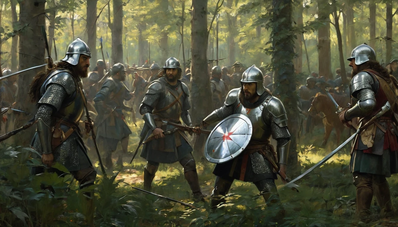 A group of medieval soldiers hiding in a forest carrying out an ambush, close-up. The image shows soldiers dressed in armor and chain mail, with helmets and shields decorated with emblems. They are crouched and hidden among the trees and dense vegetation, carefully observing their target. Sunlight filters through the foliage, creating shadows and highlighting the details of their armor. The soldiers' expressions are intense and focused, reflecting the tension of the moment. The leaves and branches of the forest add a touch of realism and camouflage, while the natural environment creates a dramatic contrast with the metalwork of the armor. The scene captures the anticipation and strategy of the ambush in a medieval setting., Hyperrealism, Impressionism, UHD, retina, masterpiece, accurate, anatomically correct, textured skin, super detail, award winning, 8k
