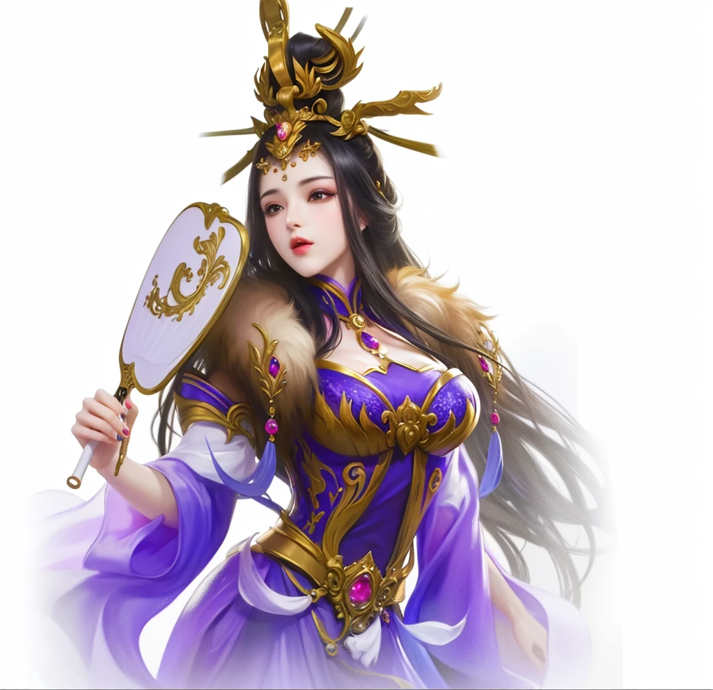 best quality at best, Ultra-high resolution, (((1 girl))),(Black long hair), Game Fairy, Old Palace, Hanfu, yarn, 轻yarn, Jewelry, (focus), (((rich and colorful))),(sketch:0.8) , masterpiece, best quality at best, Beautiful painting, meticulous,(Denoising:0.6), Very detailed, (masterpiece, best quality at best) CG unified 8K wallpaper,masterpiece,best quality,Extremely detailed)Standing with upper body, Honey, Solitary, Pale skin,Red Eyeshadow, Red lips,Mink shawl,Purple dress,Xian Xia,China,Holding a fan,Beautiful head crown,Golden decoration,Black long hair, masterpiece, high quality