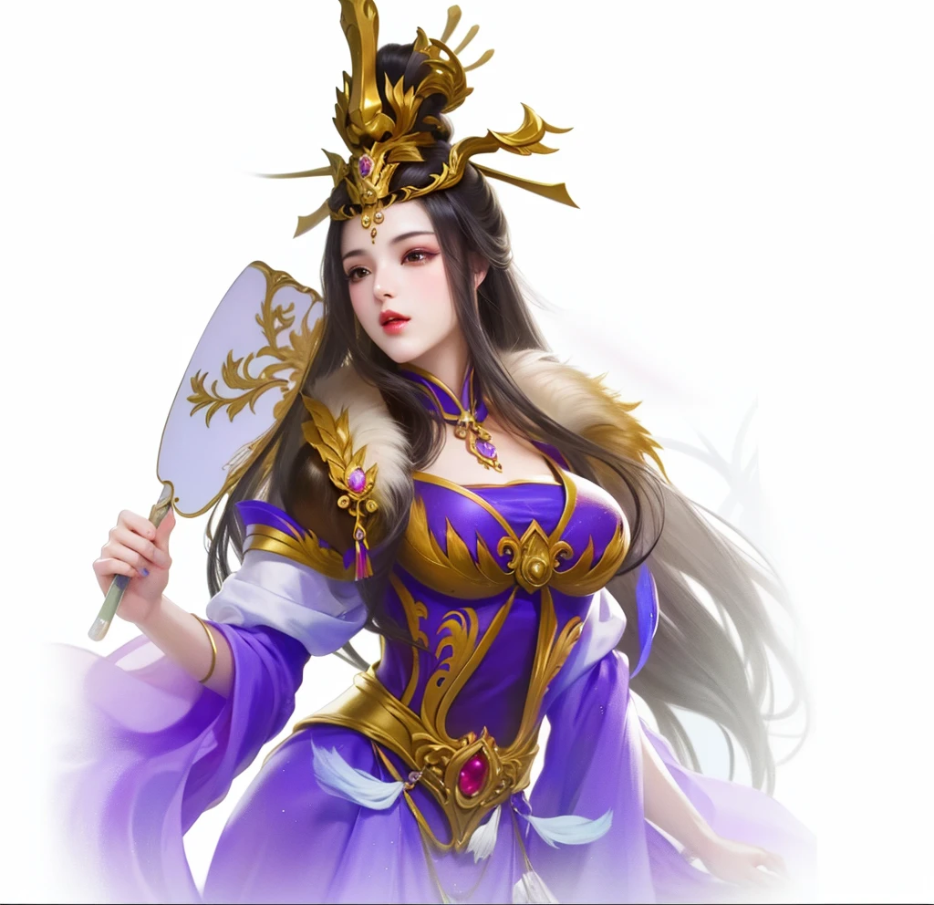 best quality at best, Ultra-high resolution, (((1 girl))),(Black long hair), Game Fairy, Old Palace, Hanfu, yarn, 轻yarn, Jewelry, (focus), (((rich and colorful))),(sketch:0.8) , masterpiece, best quality at best, Beautiful painting, meticulous,(Denoising:0.6), Very detailed, (masterpiece, best quality at best) CG unified 8K wallpaper,masterpiece,best quality,Extremely detailed)Standing with upper body, Honey, Solitary, Pale skin,Red Eyeshadow, Red lips,Mink shawl,Purple dress,Xian Xia,China,Holding a fan,Beautiful head crown,Golden decoration,Black long hair, masterpiece, high quality