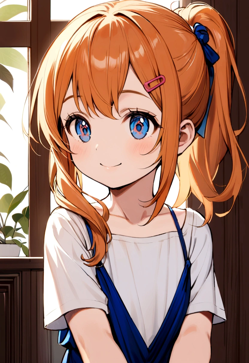 6 year old girl, orange hair, shoulder length ponytail, pink clip, dark blue eyes, blue spaghetti strap dress, white t-shirt inside. smiling