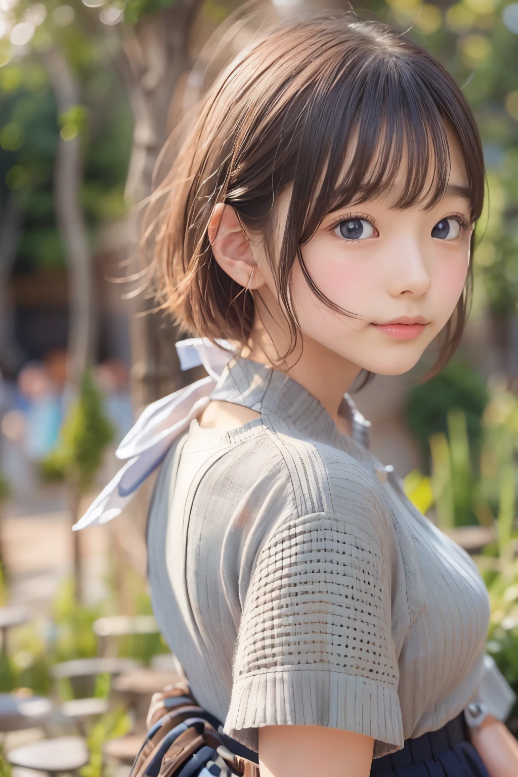 detailed face, cute face,(8K, Highest quality, masterpiece: 1.2), Super detailed, Highest quality, Ultra-high resolution, Professional Lighting, Photon Mapping, Radio City, Physically Based Rendering, Cinema Lighting, Depth of written boundary, focus on, Light of the sun, Good composition, (Bokeh: 1.2), 1 Girl, (whole body), smile, Beautiful Eyes, Pause, narrow, Brown Hair, short hair, Prairie Blouse Light Blue, skirt,garden,hand {refer tos} cute {refer to} hand,
