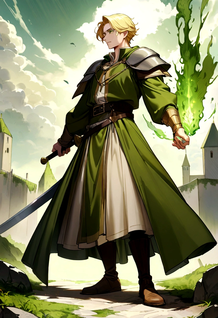 Neels Visser is a prince who has golden blonde hair., Wear a moss green medieval military costume., looking ahead with a penetrating emerald green gaze. full body with a sword at his waist