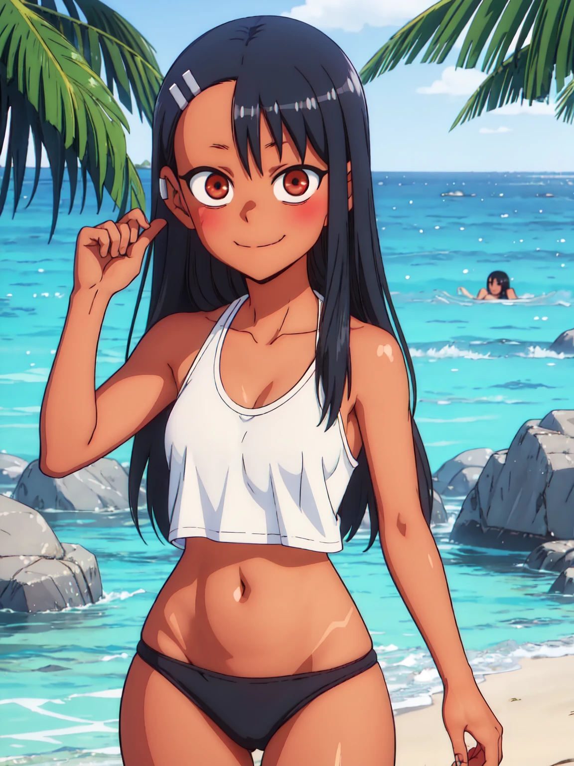 Hayase Nagatoro, tanlines, seductive pose, oversized white t-shirt, wet t-shirt see through, beach, wet, black hair, 1girl, solo, masterpiece, professional artwork, famous artwork, perfect face,perfect eyes, Nagatoro Hayase, hair ornament, brown eyes,(glowing eyes:1.1), hair clip ,dark skin, black hair, black hair, beautiful face, evil smile, evil eyes, ((perfect female body, narrow waist)), tan lines from school swimsuit, tanned skin with tanlines from swimsuit, mature content, nsfw, lewd, nothing under see through tee-shirt 