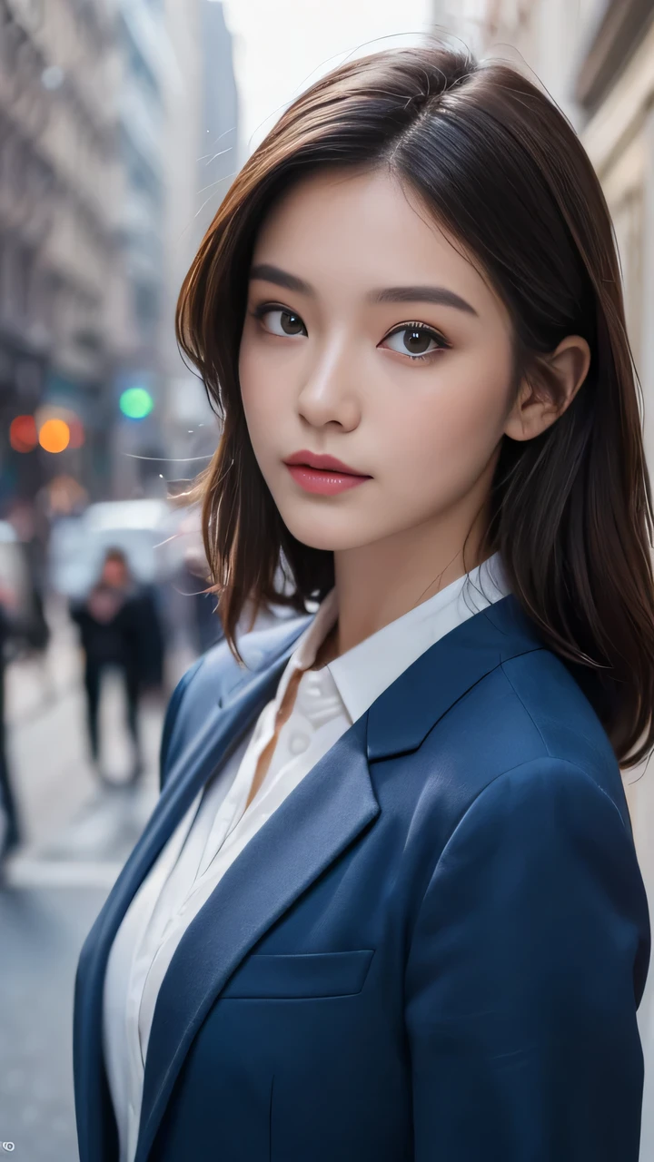 ((Top quality, 8K, masterpiece: 1.3)), Upper Body, Beautiful woman, Single Ladies, fit: 1.1, Dark brown hair, Blue Suit, Super detailed face, Detailed lips, delicate eyes, Double eyelids, on the street