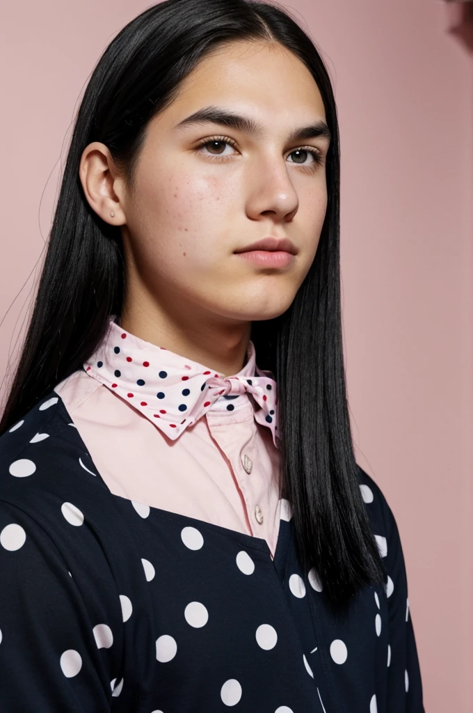 A tall white boy with black eyes, cheeks with acne,long straight black hair, pink lips with navy blue polka dots 