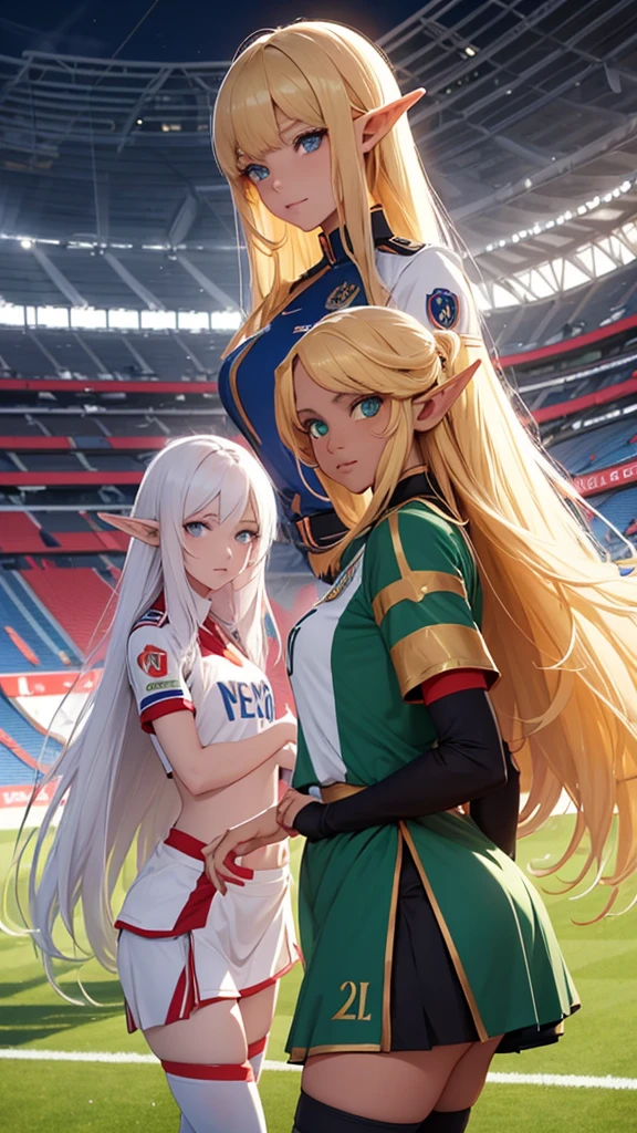 2 Half-elf, females  in the middle of a uefa 2024 stadium, they wear the uniforms of two different football teams, one dark and the other light, sono bellissime e in pace