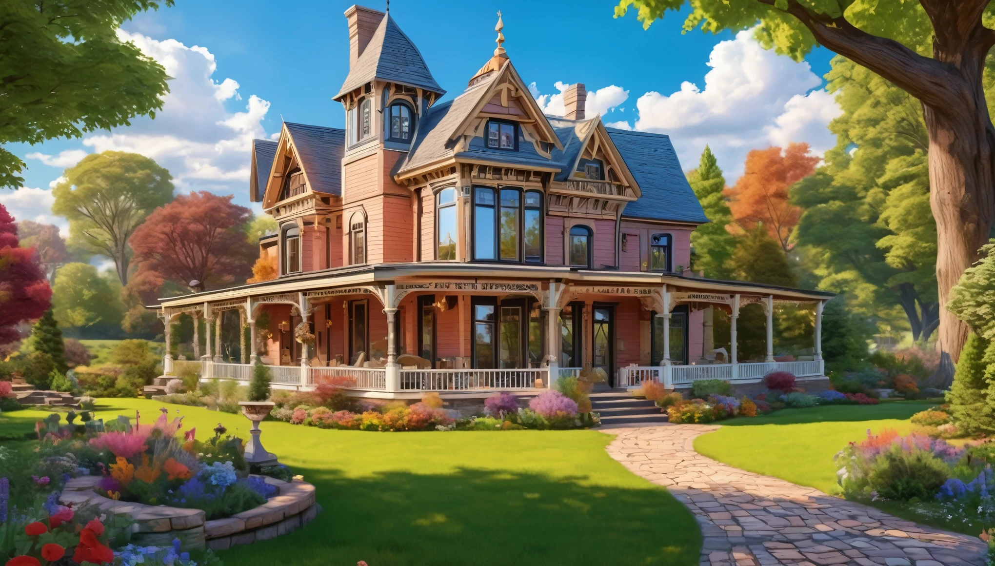 A beautifully restored Victorian-style farmhouse with elaborate architectural details and a well-maintained garden. Style of John William Waterhouse. Hyper realistic photo, vibrant colors, 16k