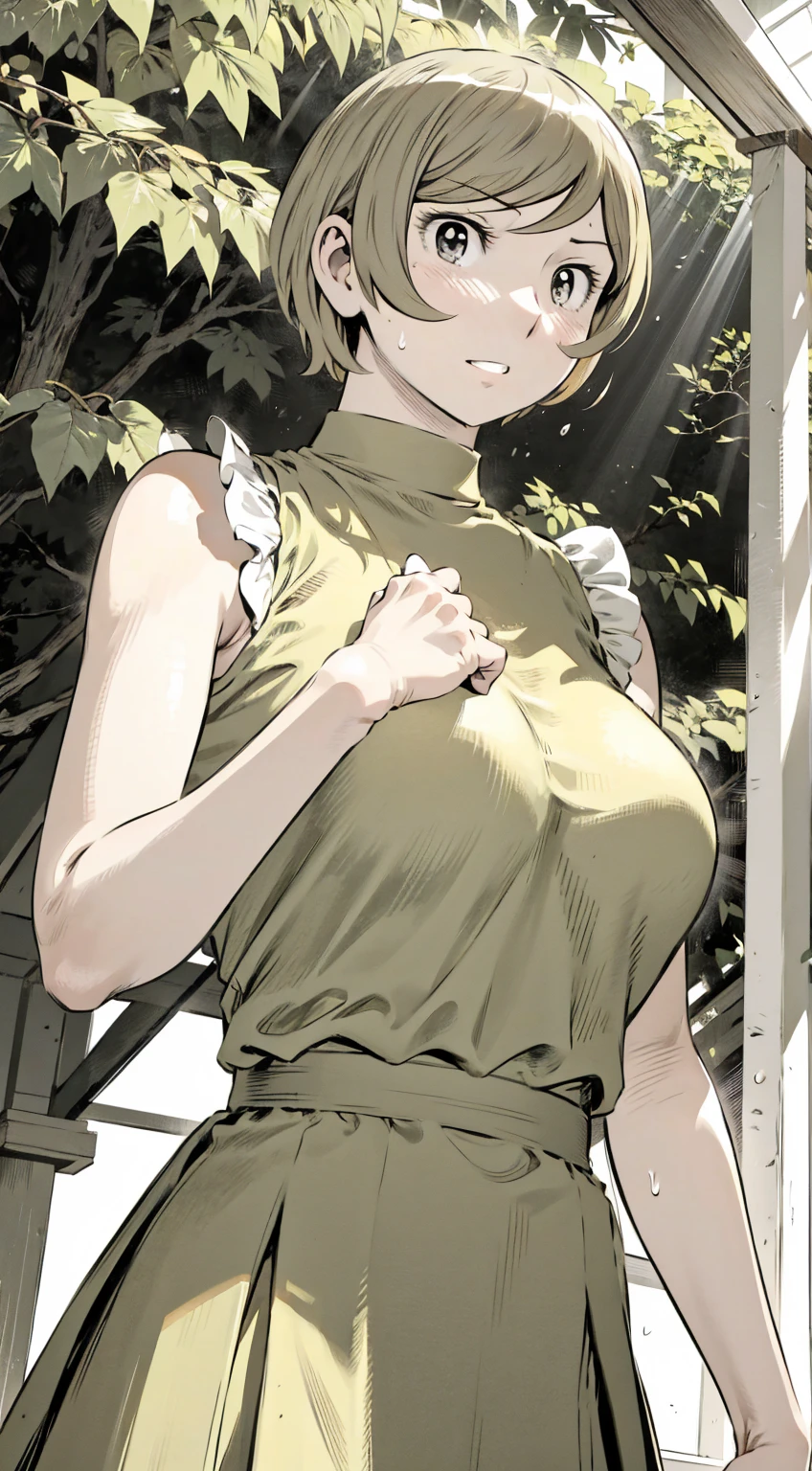 、(masterpiece、Highest quality)、Highest quality, Ultra-high resolution, (((masterpiece))), alone, Sweat、Big eyes, Please show me your armpits, No sleeve、Outdoor、Floral dress、Composition from the front、(Cut the back hair short、short hair、blonde、woman)、Shortcuts、Embarrassed face、Cut your hair short、可愛いwomanの子、Big Breasts