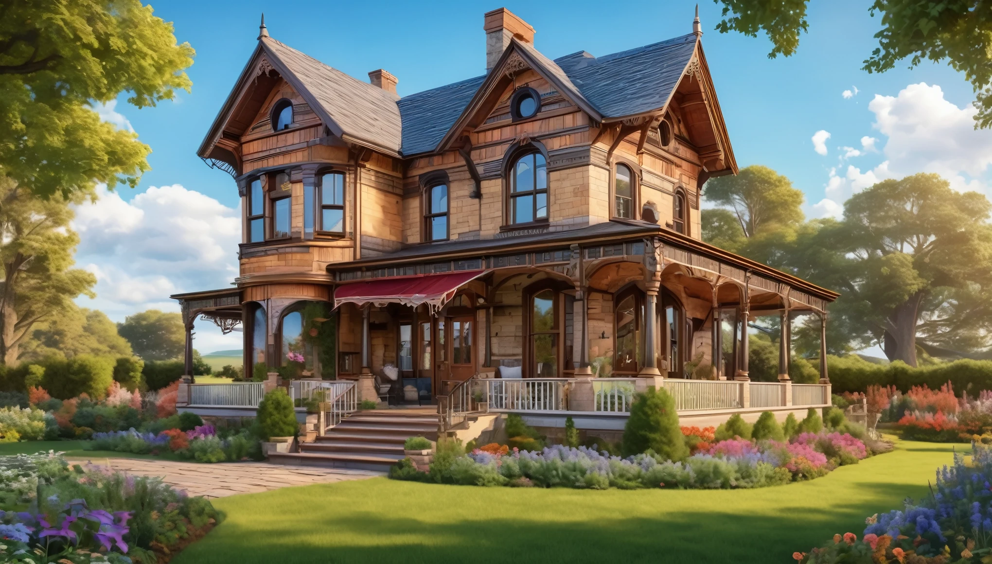 A beautifully restored Victorian-style farmhouse with elaborate architectural details and a well-maintained garden. Style of John William Waterhouse. Hyper realistic photo, vibrant colors, 16k