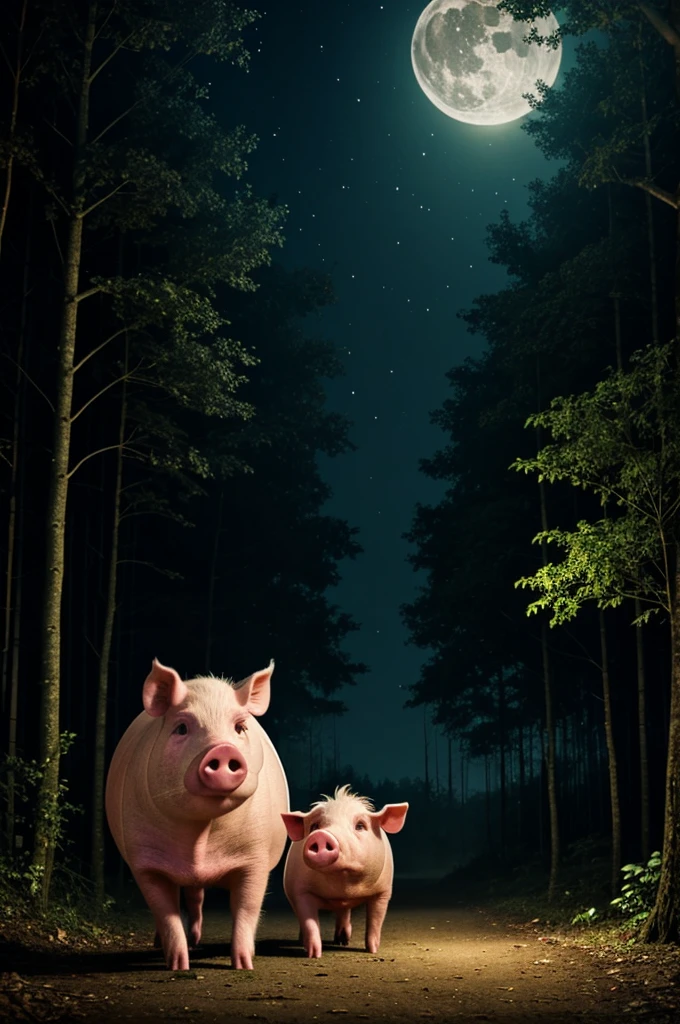 Pig lost in night forest