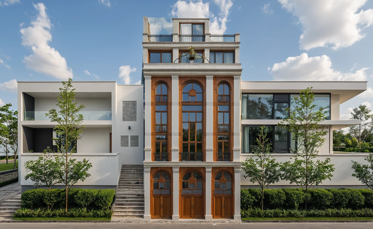Masterpiece, high quality, best quality, authentic, super detail, outdoors, onestoreyvillaXL, aiaigroup, house style modern on the street ,stairs, white wall ,road,pavement, grass, trees, sky, cloud, (daylight:1.1)