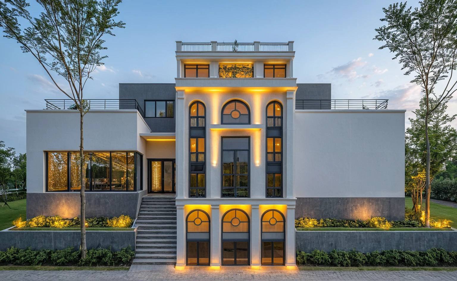 Masterpiece, high quality, best quality, authentic, super detail, outdoors, onestoreyvillaXL, aiaigroup, house style modern on the street ,stairs, white wall ,road,pavement, grass, trees, sky, cloud, (daylight:1.1)

