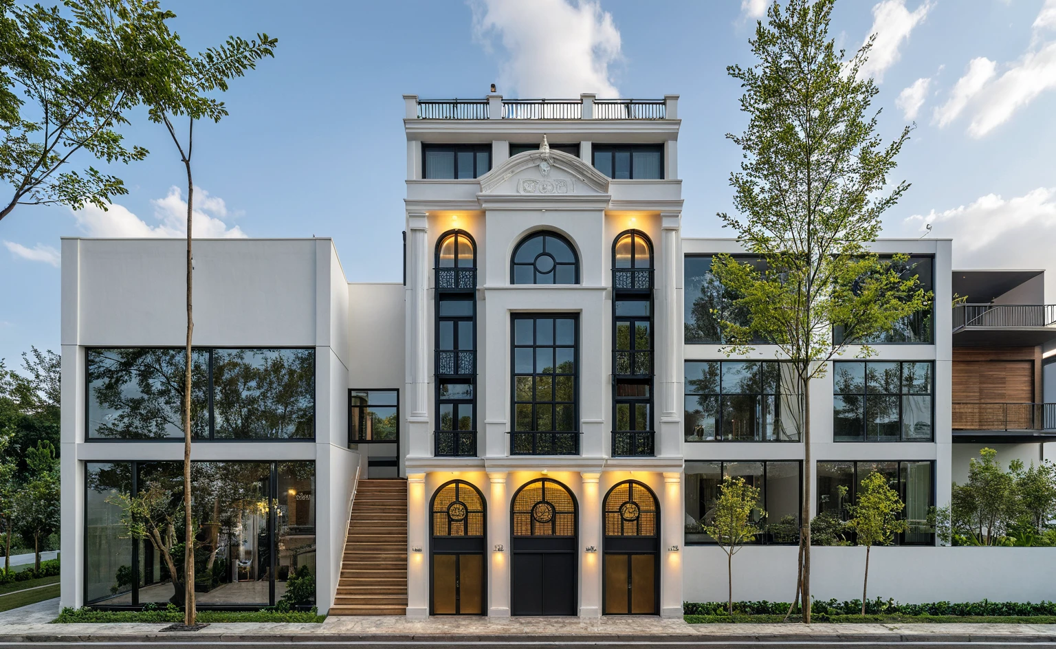 Masterpiece, high quality, best quality, authentic, super detail, outdoors, onestoreyvillaXL, aiaigroup, house style modern on the street ,stairs, white wall ,road,pavement, grass, trees, sky, cloud, (daylight:1.1)
